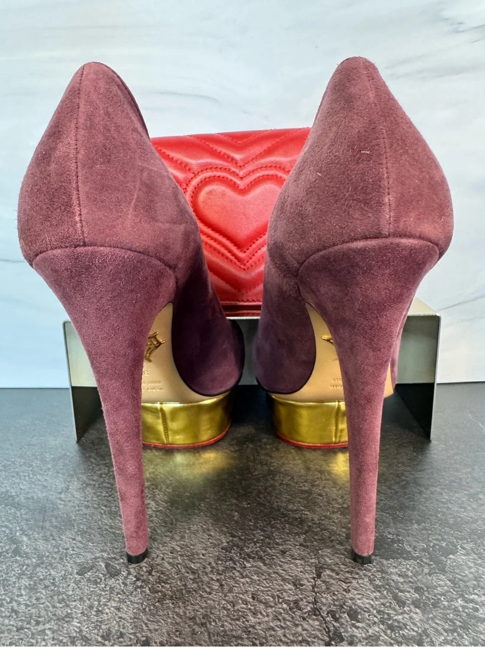 Charlotte Olympia Plum Suede & Gold Signature Platform Pumps Heels, Size 37.5